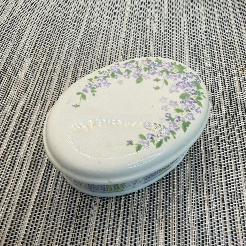 Demdaco Forget-Me-Nots Ceramic Trinket Box Floral Quote 2004 Purple Green Oval